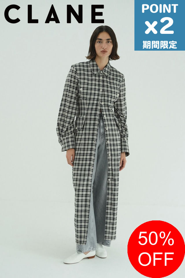 【SALE】期間限定P2倍【CLANE / クラネ】 チェックシャツワンピース - UP POCKET CHECK SHIRT ONEPIECE (BLACK)｜nouvelle