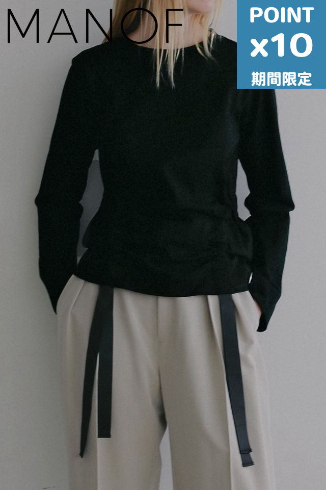継続期間制限事項P10倍【MANOF / マノフ】 サイドリボントップス - SIDE RIBBON CUT TOPS (BLACK) Tシャツ・カットソー-トップス