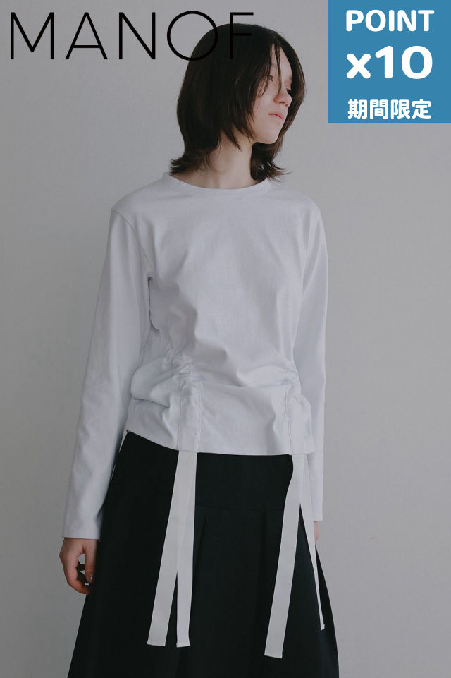 継続期間制限事項P10倍【MANOF / マノフ】 サイドリボントップス - SIDE RIBBON CUT TOPS (WHITE) トップス-Tシャツ・カットソー
