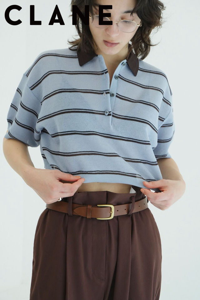 【CLANE / クラネ】 ボーダーポロトップス - SPONGY SHEER POLO KNIT TOPS (BLUE)