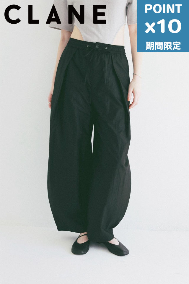 継続期間押さえるP10倍【CLANE / クラネ】 ナイロンイージーパンツ - CRINKLED SHEER NYLON PANTS(BLACK)