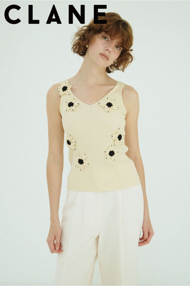 【CLANE / クラネ】 ニットタンクトップ - FLOWER MOTIF CAMI KNIT TOPS (YELLOW)｜nouvelle