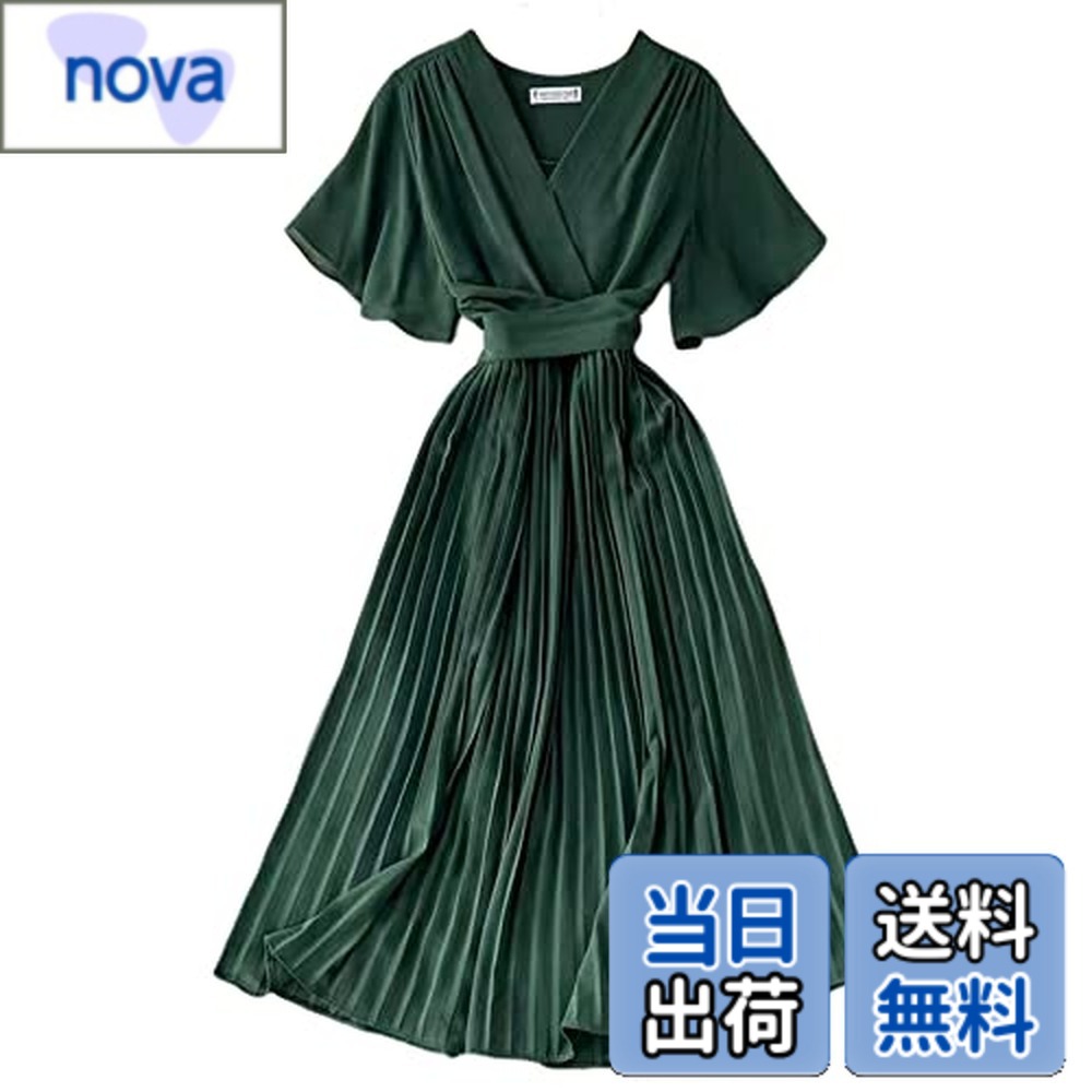 【送料無料】[Collecala] 夏ワンピース レディース大人ロングシャツワンピース プリーツスカート ミモレロングonepiece フレア半袖ドレス 韓国風ウエストリボンつきdress 9色展開