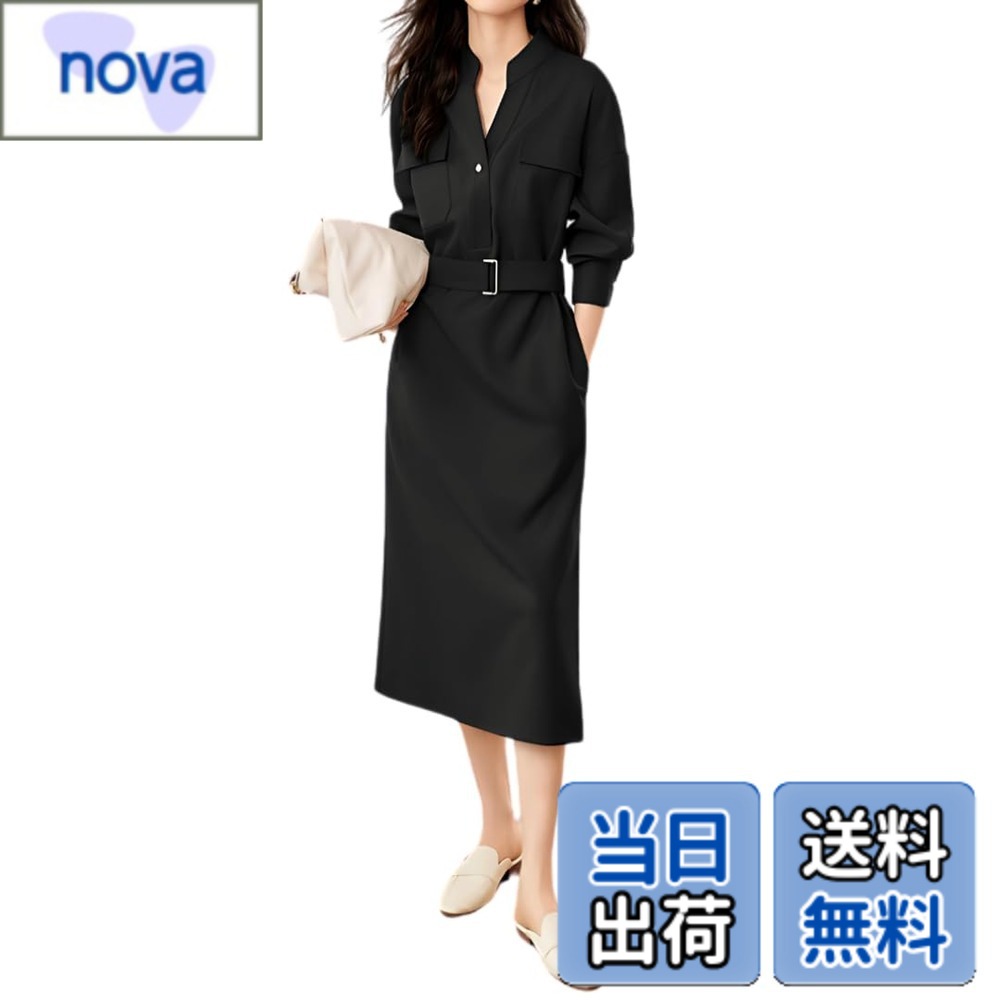 【送料無料】[UQQA] きれいめ上品 ベルト付きシャツワンピース レディース ミモレ丈 オフィスカジュアル 5分袖 色：ブラック、サイズ：L