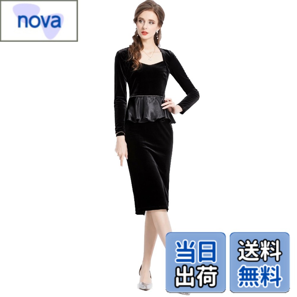 【貨物輸送無料】[EightSTAR Dress] 寄りあい御召しもの 華燭の典御召しもの レディース 長袖 ひざ丈 ミモレ丈 袖あり お呼ばれ 二次会御召しもの ペプラム 天鵞絨 秋 冬 20代 30代 40代 亭主持ち 色：黒いこと、大きさ：L
