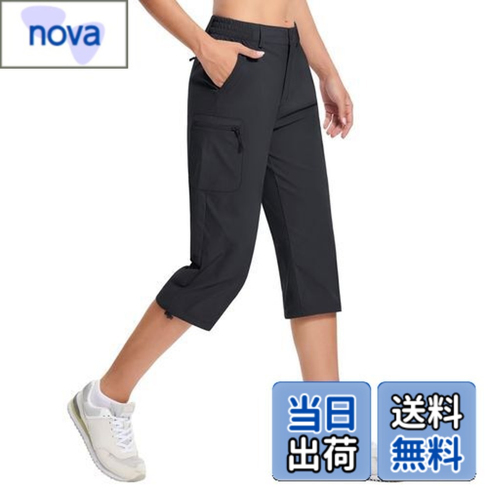【送料無料】[TACVASEN] レディース カーゴパンツ 7分丈 アウトドアパンツ 作業ズボン ゆったり 登山パンツ スポーツ ストレッチ 薄手 トレッキング ポケット5つ 大きいサイズ 夏パンツ 色：ブラック、サイズ：XL