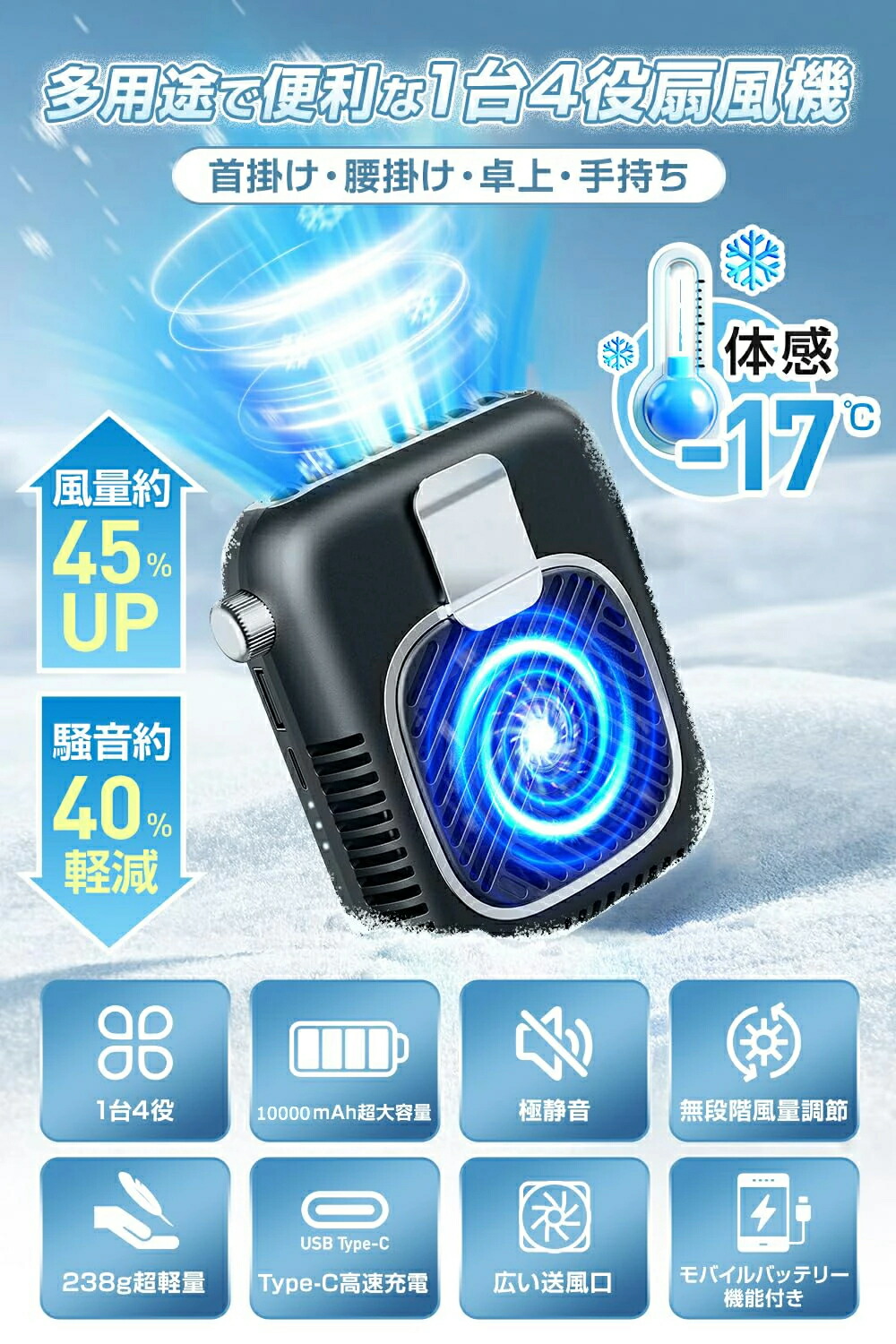 2個セート　ベルトファン 腰掛け扇風機 強力 携帯扇風機 首掛け/腰掛け/卓上 2個セット ベルトファン 腰掛け扇風機 首掛け扇風機 USB充電式