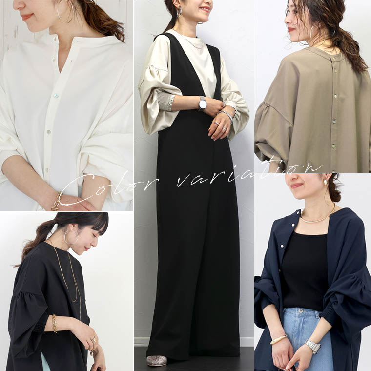 後ろボタン袖シャーリングブラウス 【メール便可/ma3】ブラウス 後ろ