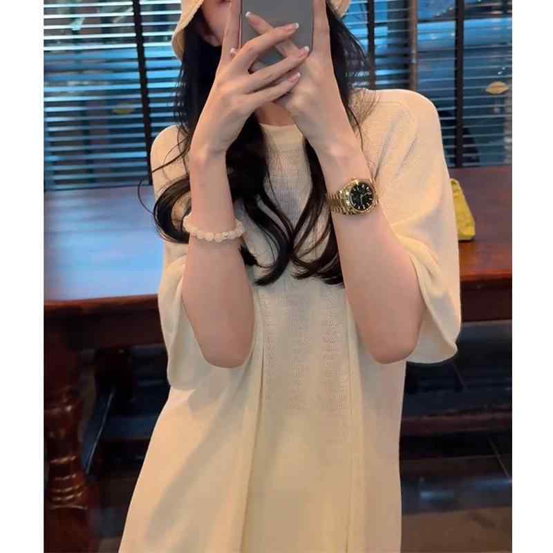 レディース ワンピース セットアップ 韓流風 春夏 純色 切り替え デザイン 高腰 Aライン 中長丈 丸首 半袖 ポリエステル 素材 気質 エレガント スタイル リラックス カジュアル 麻色 白色 ライトベージュ 日常使い 通勤 デイリー 軽量 柔軟 快