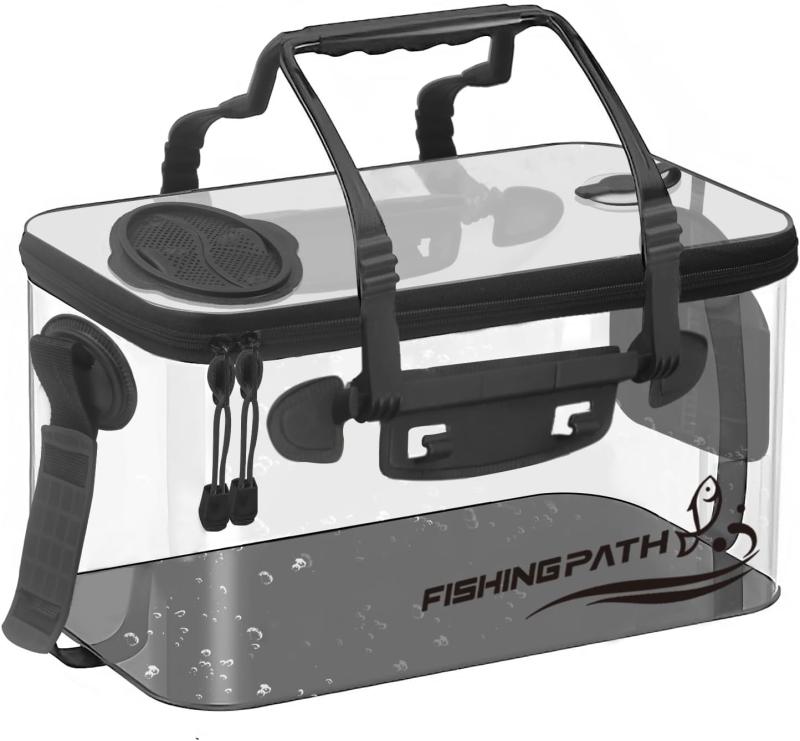 FISHING PATH 釣り バケツ 透明 【魚が一目瞭然】釣り バッカン スプリングカバー ポンプホルダー付き 滑り止め底 ショルダーベルト 水汲み 折りたたみ バケツ