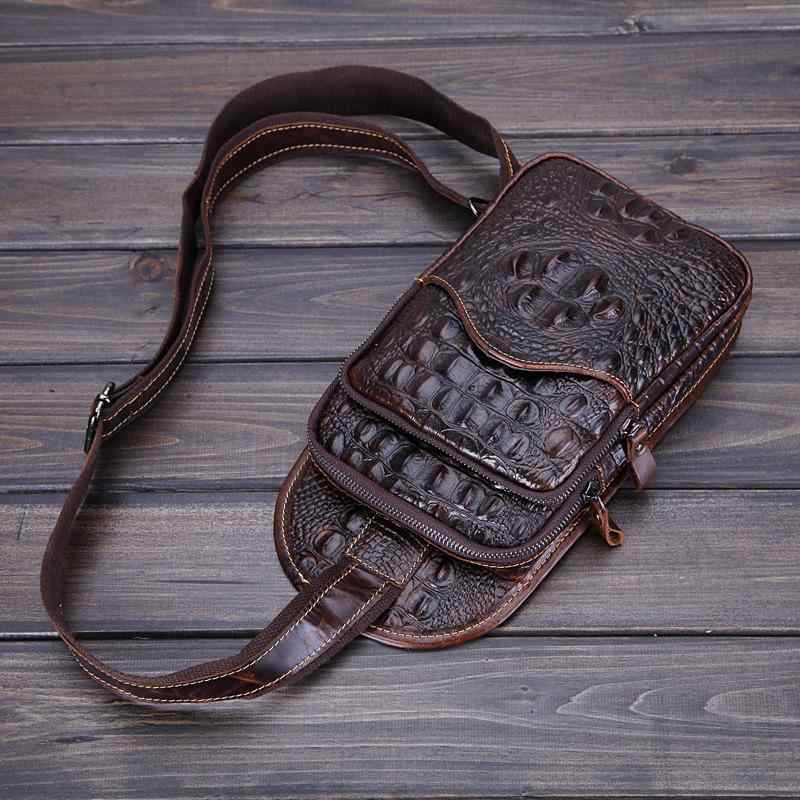 メンズ 胸ポーチ シングルショルダーバッグ レザー 牛革 ワックス加工 クロコダイル柄 ユニセックス ブラウン 軽量 通勤 通学 普段使い 旅行用 秋冬｜novolstore