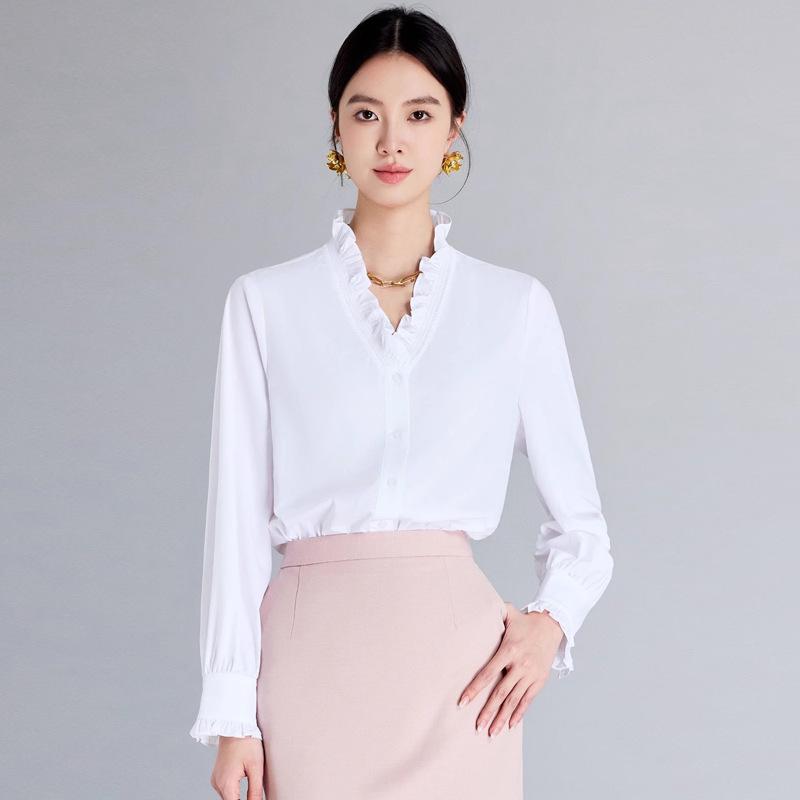 シャツ レディース トップス 長袖 Vネック 木耳縁 通勤服 きれいめ 上品 フランス風 フェミニン ベーシック おしゃれ デイリー カジュアル オフィススタイル｜novolstore