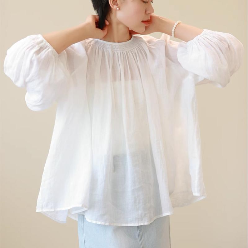 春夏 レディース ?麻 プルオーバー トップス 防晒 透け感 軽さ 通気性 ゆったり ルーズフィット 白いこと ラウンド素っ首 ロング捩り 九分袖 灯?袖 うつり変わり 心地好い 普段使い走り 日韓風 当たること冷感 吸湿速乾 伸縮性 飛び切り感 生まれ変わり衣料繊維