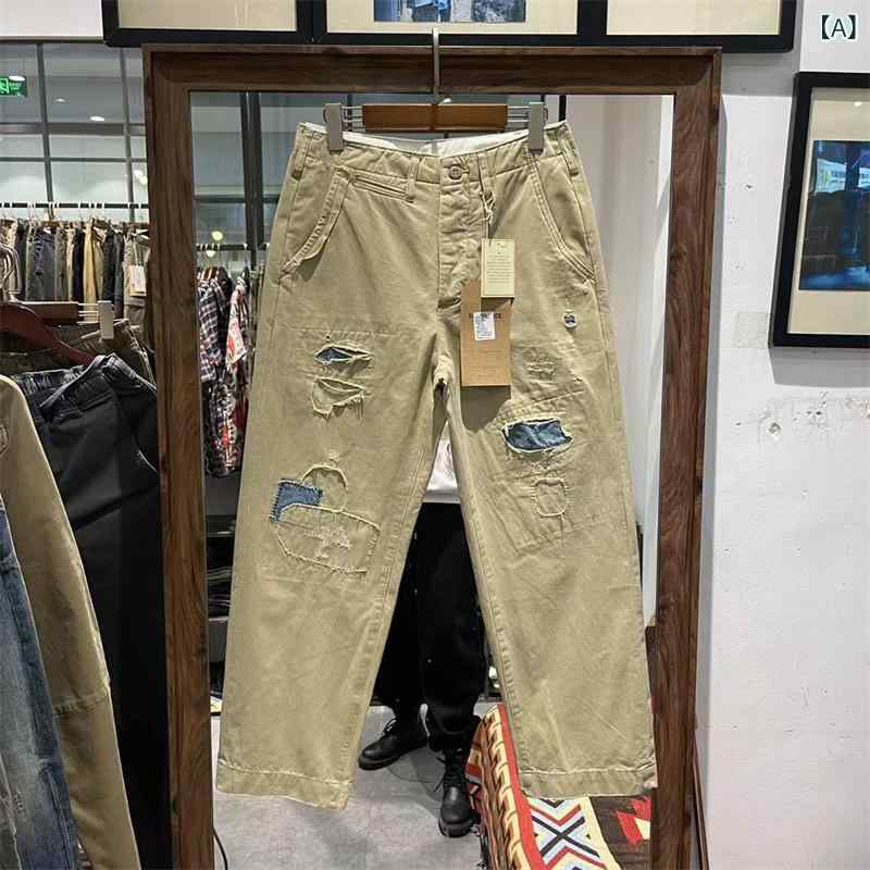 メンズ 直筒 長ズボン 工装ズボン下 ミリタリー カーキ 軍緑 竹衣料繊維 高弾力性 中腰 薄っぺら 春 若い者 普段使い走り 軽さ 伸縮性 ビンテージ 工業 補丁 流行り 心地よい 若い者