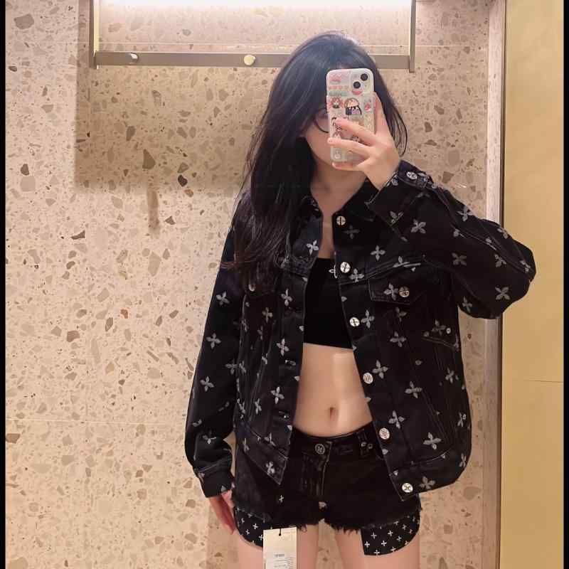 上衣 成人女性用 ジーンズ 花柄 ロング丈 春夏 秋冬 黒 庭園柄 広々とした影ぼうし 長袖 POLO領 街頭心地好い ゆったり 伸び伸びする相応う 綿織物混 吸湿速乾 軽さ インディゴ 青み系 御花 刷り上げる 細工物御召しもの 表現スタイル 普段使