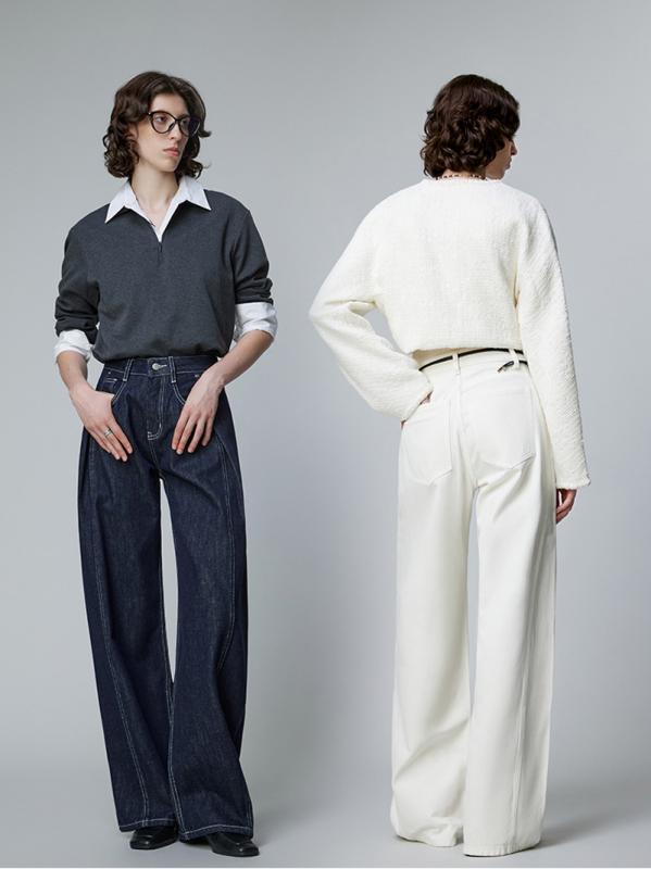 ジーンズズボン下 お上さん用 秋冬 通い 御機嫌酉の方角 ワイドレッグ 折りかえし 直筒 綿原料品 ミッドウェイト 精神状態 青碧 白いこと ロング丈 惜しみ無い 心地好い