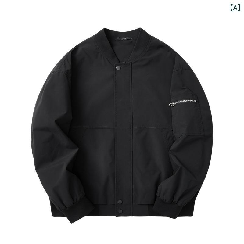 メンズ ジャケット 棒球領 飛行服風 合体型 長袖 ラグランスリーブ 斜め裾 サイドポケット ジップアップ 黒 豆緑 化繊混紡 ポリエステル100% 春秋 秋冬 シンプル スタイリッシュ 軽量 普段使い 通勤 青年向け ファッショナブル 都市スタイル 2｜novolstore