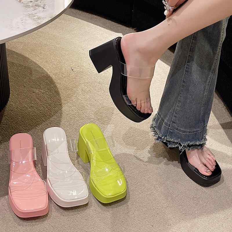 サンダル 女性用 通勤 方頭 高ヒール 厚底 防水 PVC素材 透明ストラップ 米白色 緑 ピンク ブラック 夏 軽量 伸縮性 吸湿速乾|novolstore