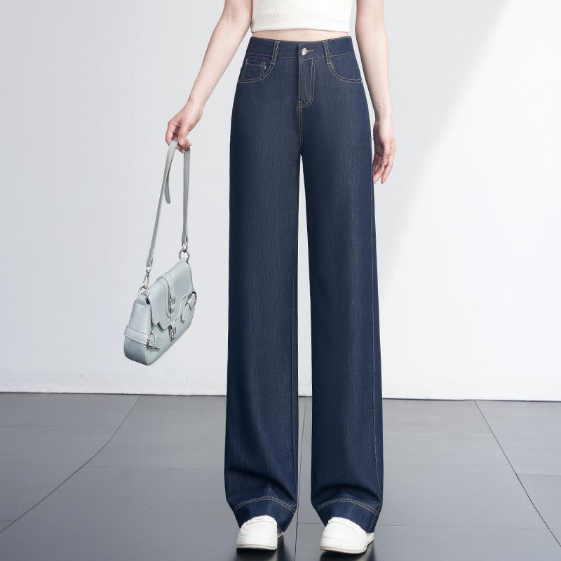 牛仔パンツ レディース 夏用 ハイウエスト ワイドレッグ ストレート 韓国風 デニム 軽量 伸縮性 吸湿速乾 ポケット付き ブルー カジュアル 普段使い 通勤 快適 ミッドウェスト 中厚｜novolstore