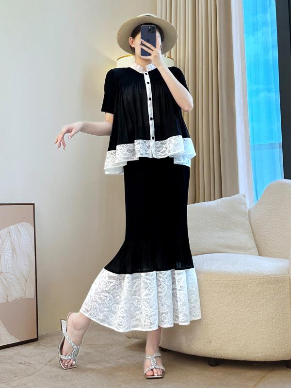 セットアップ レディース プリーツ 上下セット 紺 高級感 蕾 レース 切り替え フレアスカート ロング丈 春夏|novolstore