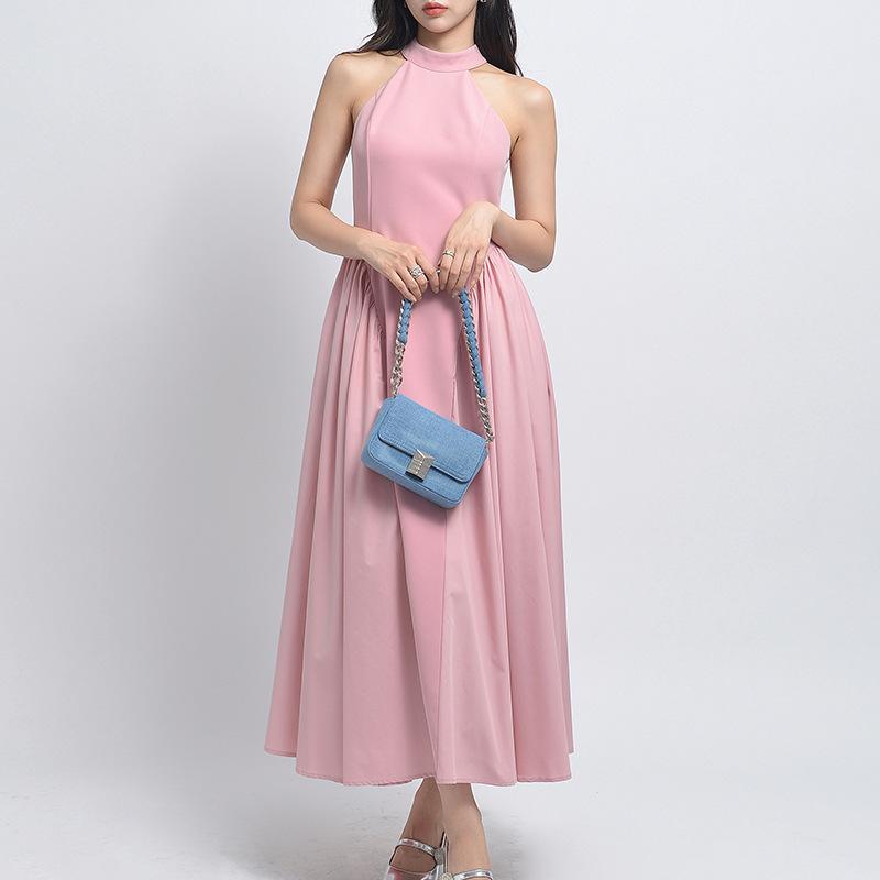 ワンピース レディース 無袖 吊り首 ロングドレス Aライン 背中開き 夏 春夏 ピンク 黒 気質 デザイン セレブ ビーチ リゾート プライベート服 女性用 スカート ポリエステル 軽量 涼しい 通勤 普段使い 旅行 かわいい フェミニン 女性向け ド|novolstore