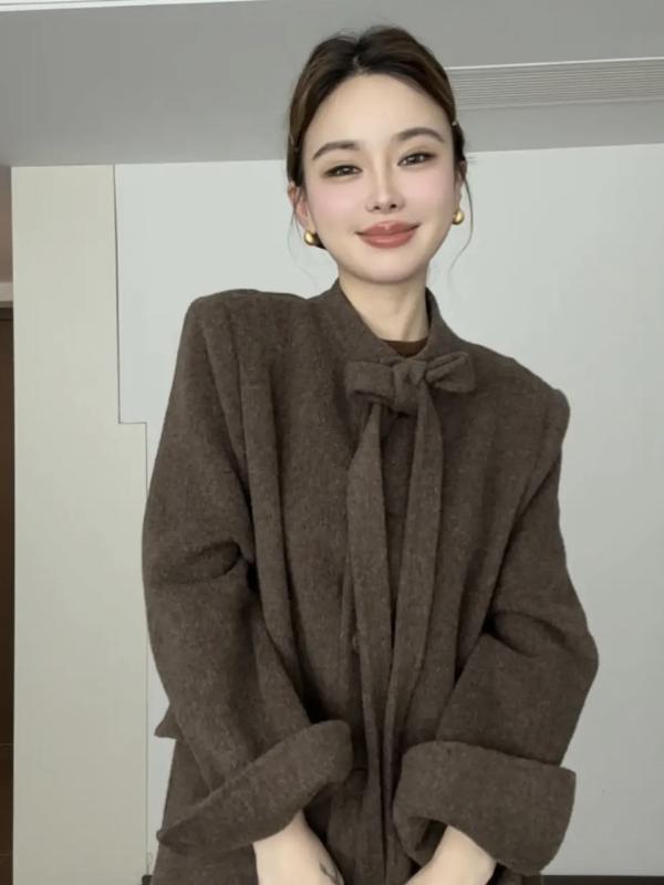 コート レディース テーラードコート ウールコート 羊毛コート ダブルフェイスコート リボン付き ウエストシェイプ ロング丈 ヴィンテージ風 防寒 保温 秋冬 アウター 上着｜novolstore