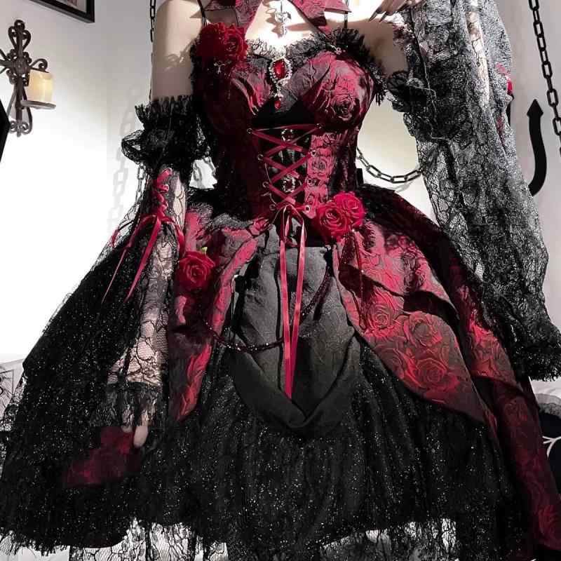 ロリータ御召しもの 成人女性用 ゴシック風 黒赤 ビンテージ 美術 衣装 長袖 吊り帯 うつり変わり 太陽面爆発スコート 中長丈 ダブルウェスト PVC原材料 返り咲き表現スタイル 中国風 可愛らしい 古典派音楽 日常使い走り 春夏