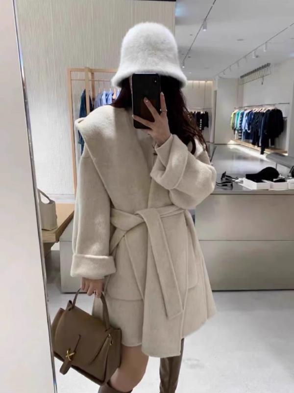 コート レディース ショート丈 フード付き ウールコート ダブルフェイス カシミヤ混 アウター ゆるシルエット 秋冬 ポンチョ風 マント ゆったり 長袖 カジュアル エレガント 高級感 暖かい 通勤 防寒｜novolstore