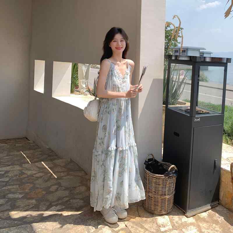 衣装 レディース 春夏 吊り帯 長丈 A生産ライン 御機嫌酉の方角 雪花紡 青色 純色 花柄 森御姉さん 青色 無袖 セットアップなし 単品 軽さ 冷やりとした 透け感 フレンチ ローマン的 森系 夏 海岸地帯 御休み ひと休み たまり場 日常使い走り 旅する ガーデ