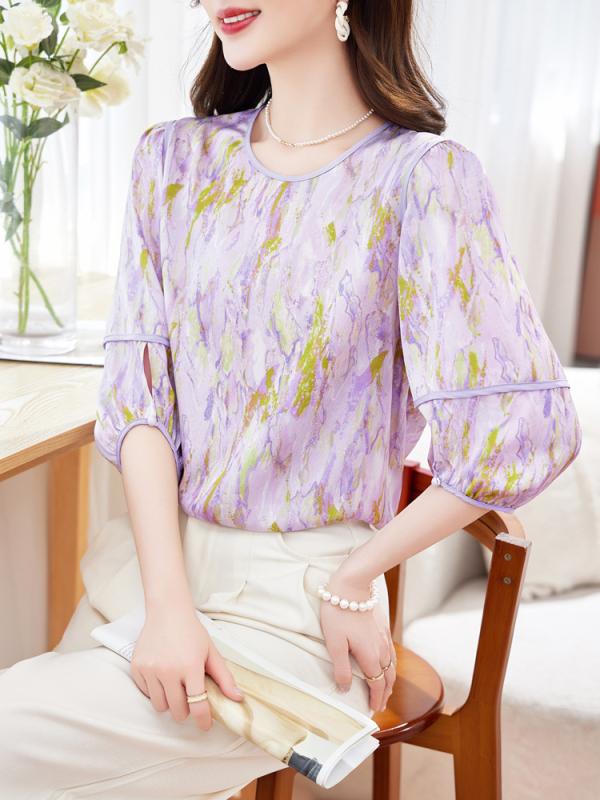 プルオーバー レディース 春夏 桑蚕? 真? 当たること冷感 印花 丸首 半袖 ルーズフィット 短丈 精神状態 通い用 普段使い走り 吸湿速乾 軽さ 生まれ変わり衣料繊維 インキ画柄 トップ トップス お上さん用 絹地 広広とした影ぼうし ゆったり 冷やりとした