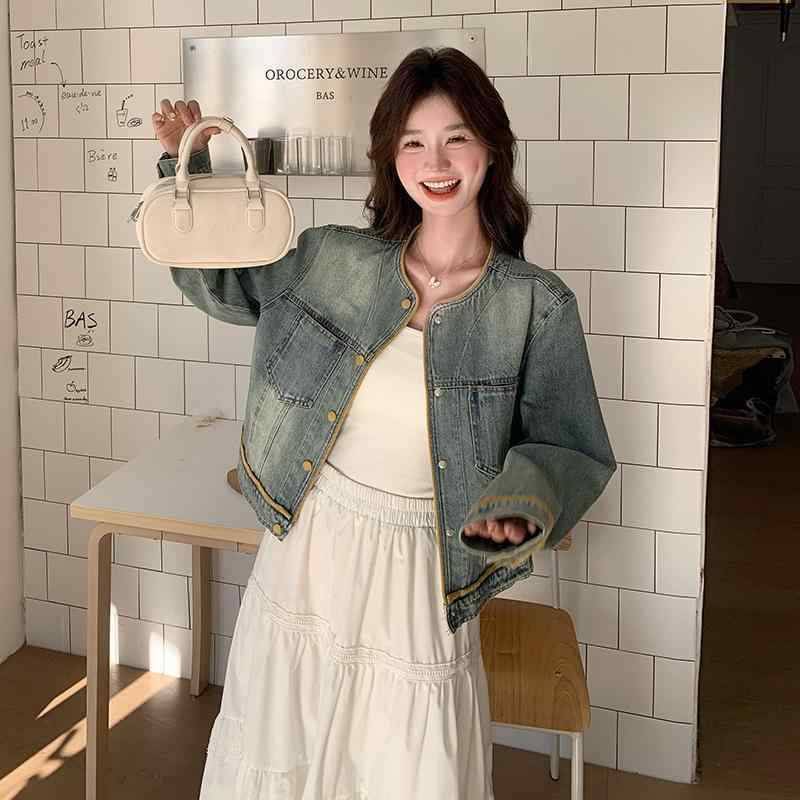ジャケット 女性用 牛仔 デニム コート 丸首 切り替え デザイン 長袖 ゆったり シルエット ブルー ライトブルー 通勤 スタイル 気質 普段使い 春早め 軽量 伸縮性 吸湿速乾 カジュアル｜novolstore
