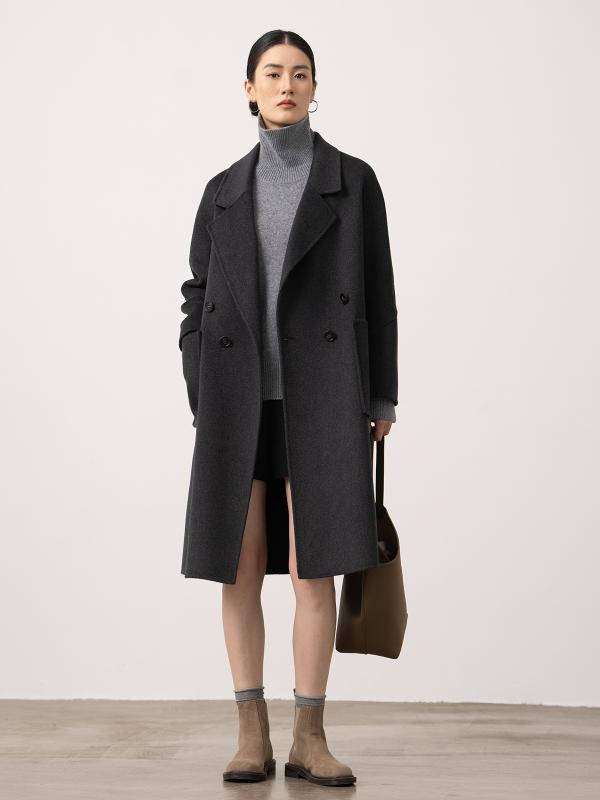 コート レディース ロング丈 ウールコート 10%カシミヤ混 羊毛 オーバーサイズ ワイドラペル 貼り付けポケット ダブルフェイス 秋冬 高級感 シンプル アウター ロングコート 上品 通勤 防寒｜novolstore