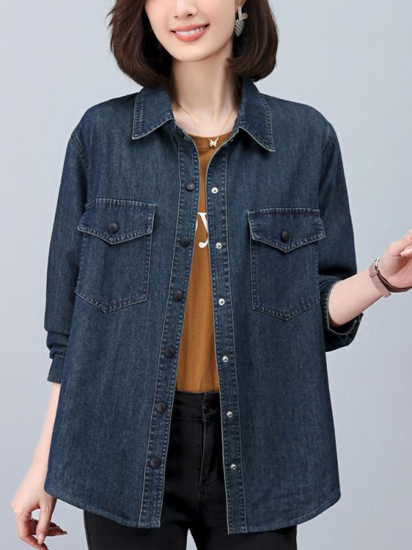 ジレー レディース ジーンズ上衣 綿 生まれ変わり衣料繊維 人付き合い冷感 薄っぺら 長袖 翻領 衣嚢 うつり変わり ゆったり影ぼうし 青色 秋 春夏 普段使い走り 心地好い レディースファッション-コート・ジャケット