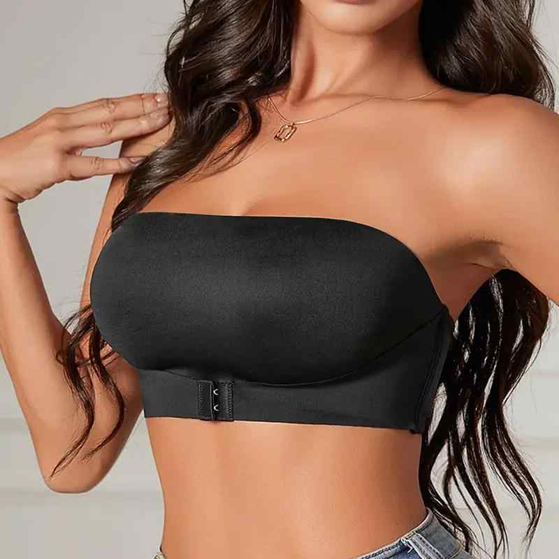 レディース ブラ セクシー 無痕 前ホック チューブトップ インナー 防透け 薄型 落ち防止 上持ち 寄せ バックレス 接触冷感 ナイロン 薄カップ 全カップ ソフトサポート セクシースタイル ブラック ベージュ ピンク 夏用 S M L XL|novolstore