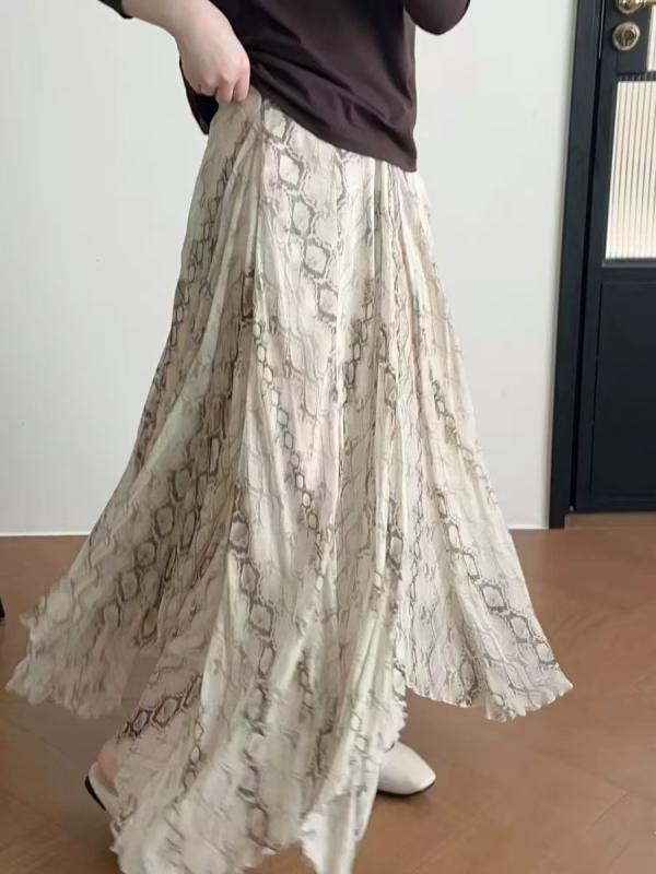 ロングスカート シルク レディース ミモレ丈 フレア ハイウエスト スネーク柄 プリント 高級感 フランス風 リゾート お出かけ 上品 大人 きれいめ エレガント｜novolstore
