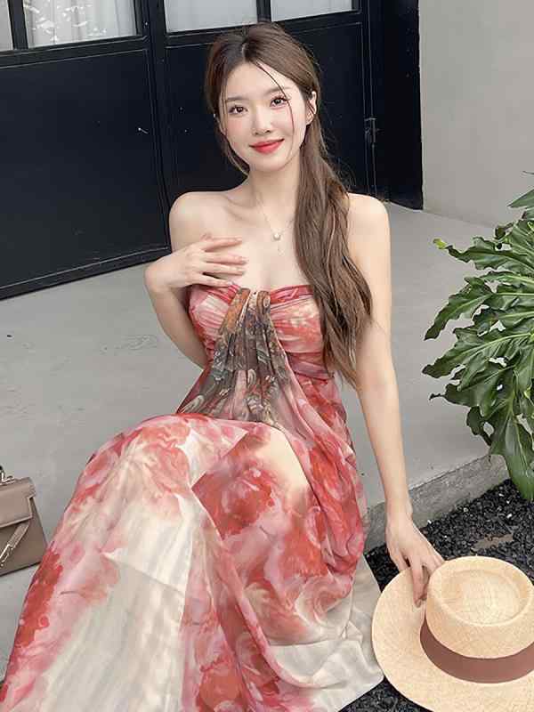 ワンピース レディース 春夏 吊り帯 抹胸 ロングスカート 高腰 切り替え 仙女シルエット 気質 通勤 普段使い 植物花柄 プリント 染め 無袖 女性用 ロングドレス 華やか スリム 軽量 再生繊維 伸縮性 吸湿速乾 花卉柄 フラワープリント ハイウエス|novolstore