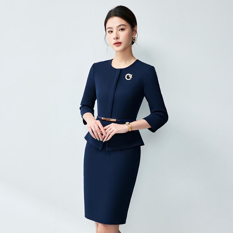 ワンピース 女性用 OL ビジネス スーツ 事務服 銀行 営業 接待 ユニフォーム 七分袖 ポロカラー プリンセススリーブ ミドル丈 ポリエステル ダークネイビー 秋冬 ゆったりシルエット 伸縮性 吸湿速乾 仕事着 通勤 普段使い 復古風|novolstore