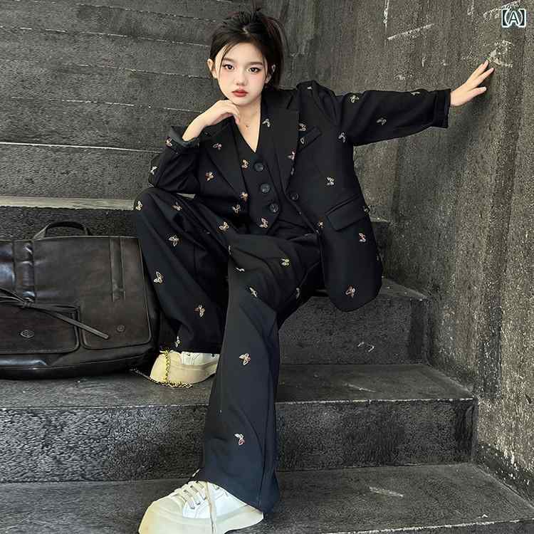 御嬢さん 西装 仕掛ける 3点 長袖 上衣 より良い ロングズボン下 年月 韓国風 御姉さん 赤ちゃん服 8歳以上 中大童 ポリエステル パステル色の 普通厚 黒 薄墨色 潮 今めかしい 長袖 長ズボン 単排名取り草 延性のある産業 実用 日常使い走り 通学 フォーマル セッ