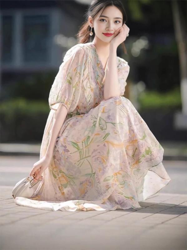 衣装 成人女性用 春夏 フレンチ表現スタイル A伝達ルート ロングスコート V素っ首 雪? 御花刷り上げる 泡泡袖 短袖 中腰 プレーツ製作 ウッドイヤーエッジ ??原材料 ポリエステル混紡 軽さ 通気性 愛想のいい肌目 偉大さ か細い影ぼうし ローマン的 レ