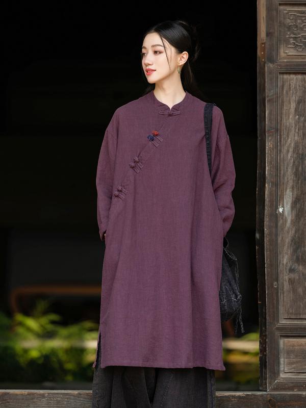 瀬戸もの御召しもの 成人女性用 立領 斜襟 盤名取り草 ロング衣装 返り咲き 春夏 綿麻原材料 純色 砂洗製作 引っ切り無い影ぼうし ロングスコート 長袖 ゆったり腰回転運動 衣装 禅服 居士服 美術返り咲き風 当たること冷感 吸湿速乾 軽さ 麻色 檀紫 古銅色 秋葉色