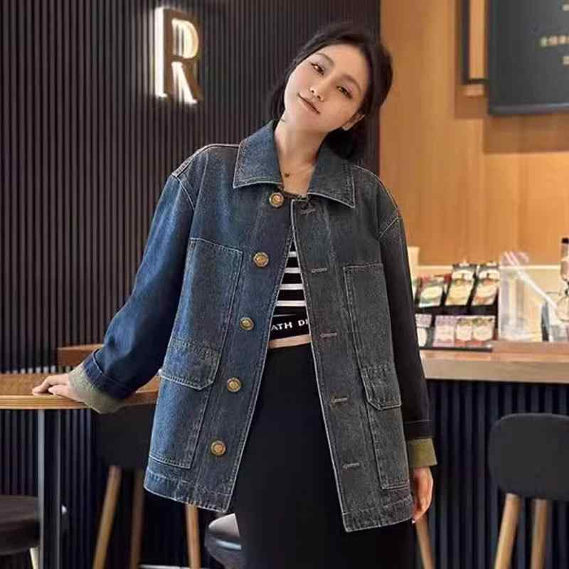 カーディガン 女性用 春夏 秋冬 コットン 長袖 ルーズフィット POLO領 デニム ジャケット ブルー 普段使い 通勤 軽量 伸縮性 切り替え デザイン ミリタリー カジュアル トップス コート ブルゾン｜novolstore
