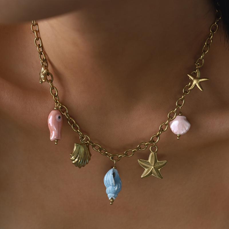 Summer Handmade Jewelry Set Ocean Style Star Shaped Ceramic Necklace Bracelet for Women Baby Shell Motif High Waist Design Cool Touch Material Lightweight Colorful Pink Ivory Summer Spring Summer Accessories Pendant Chain Beach