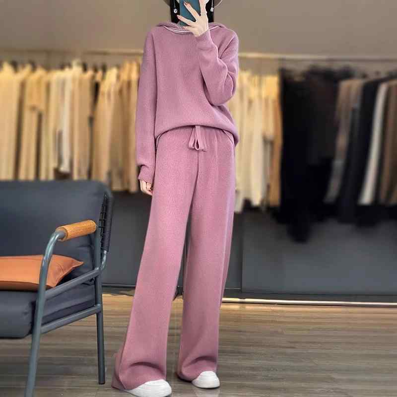 ニットセットアップ レディース 長袖 セーター パンツ ウール混 ケーブル編み ルーズフィット 柔らかい 保温性 高見え 大人カジュアル 秋冬｜novolstore