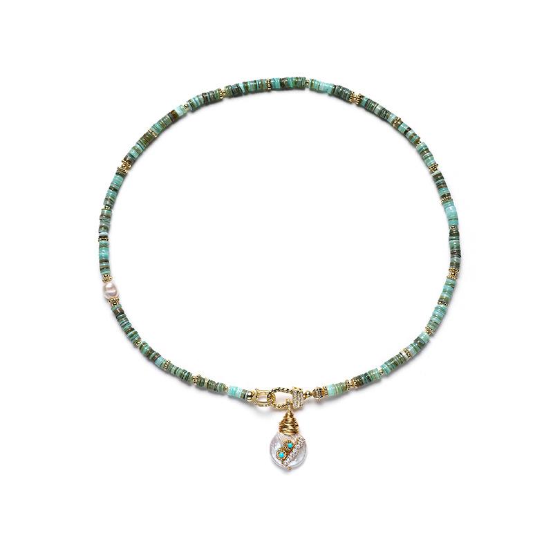 ネックレス 女性用 国風 復古 バロック 淡水パール ショートチェーン 吊り下げ 鎖骨チェーン 簡約 韓国風 貝殻 竹節 チェーン 緑色 幾何型 ジルコニア ジシャン パターン ファッション OL 通勤 軽量 金属 電気メッキ加工 夏 アクセサリー|novolstore
