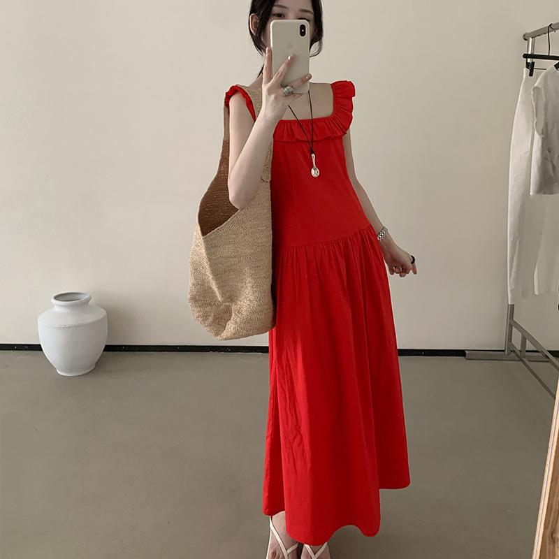 衣装 レディース 長め A伝達ルート 方領 無袖 花辺 綿 純色 うつり変わり 赤 夏 可愛らしい 甘め 口さかしい 成人女性用 御召しもの ご機嫌酉の方角 セットアップ トップス スコート 仕掛ける 砂浜 旅する デイリー 軽さ 通気性 伸縮性 ゆったり 女子らしい スタ