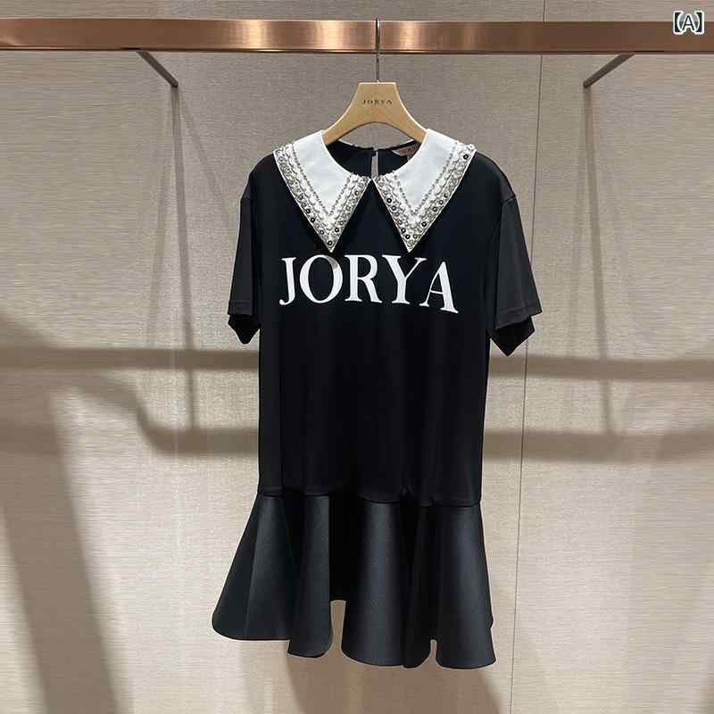 黒の 痩せた 英字の 刷り上げる 衣裳 2023 夏の 薄べったい 手合いの ちびっ子の 襟の せん孔機の 半袖の 魚尾の スコート p 126502 e