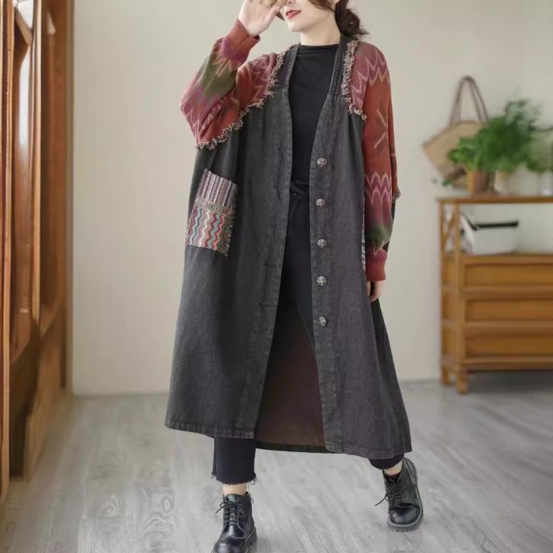 アウター コート 女性用 韓国風 ルーズ 個性的 ラフ スタイル ヴィンテージ風 切り替え デニム 中長丈 風衣 コットン バットスリーブ Vネック 長袖 ブルー 黒 春季 復古 芸術的 レトロ キャジュアル 日常使い 通勤 軽量 伸縮性｜novolstore