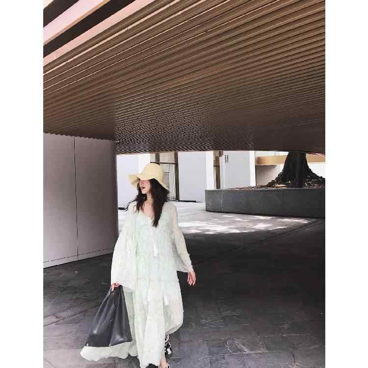 衣裳 レディース 春夏 長袖 Vのど首 灯?袖 高腰 ロング丈 太陽面爆発スコート 花柄 刷り上げる ?・届混紡 精神状態 通い風 ゆったり か細い 妖精 愛くるしげ