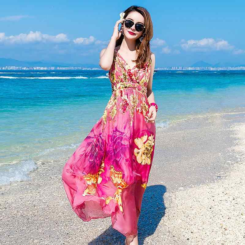 ワンピース レディース Vネック 吊り帯 背中開き 桑蚕絲 フレア ロングスカート ボヘミアン 海辺 ビーチ ピンク かわいい 清楚 甘め 花柄 プリント 無袖 高腰 長丈 軽量 通気性 涼しい 夏 春夏 女性用 日常使い 旅行 リゾート デイリー フェ｜novolstore