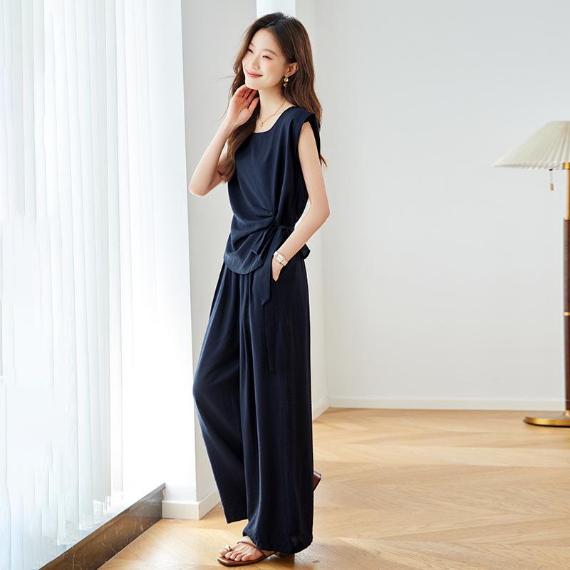 レディース セットアップ 夏 流行り物 短袖 ティーシャツ ワイドレッグパンツ 愛くるしげ か細い ゆったり 精神状態 通い 表現スタイル 3D成り行き 純色 目論む うつり変わり 産業 ?? ポリエステル 衣料繊維 紺 米国海軍 無袖 袖なし 上張り 書き割り お上さん 服 いの一番